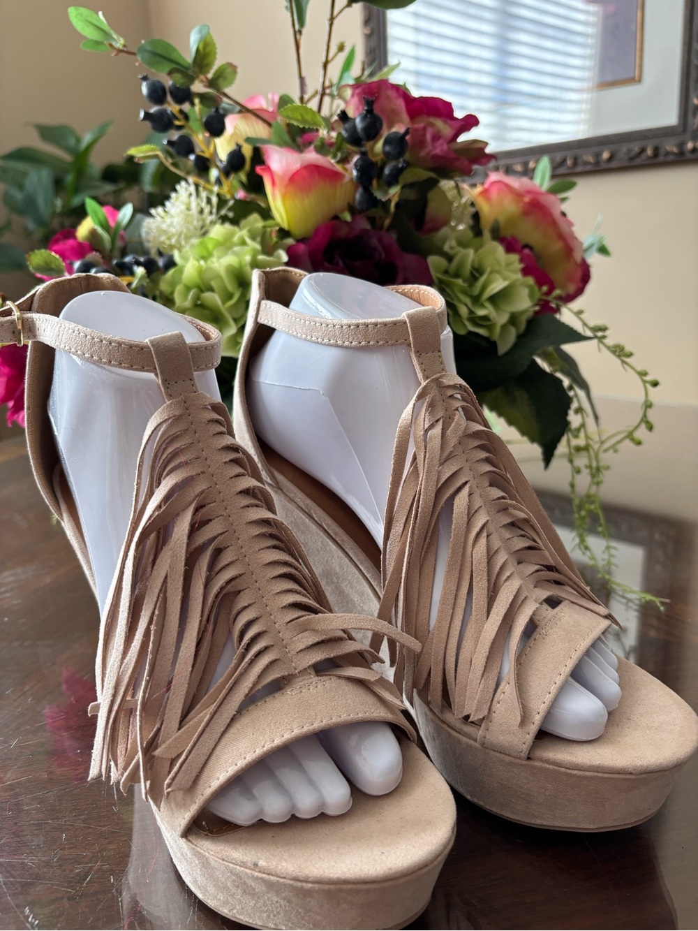 Charlotte Russe Nude Fringe Wedge Sandals Size 8